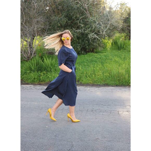 Vintage Navy Dress with Yellow Polka Dots, Full Skirt and Pockets Medium - Picture 2 of 10